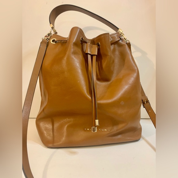 Trina Turk Drawstring Brown Leather Bag - Picture 2 of 10